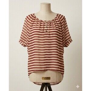 Poetry Sheer Red Striped Shirt Sz Small High Low Hem Oversized Blouse